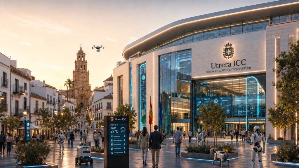 Recreación de la sede de Utrera ICC en 2084 junto a la iglesia de Santa María de Mesa de Utrera