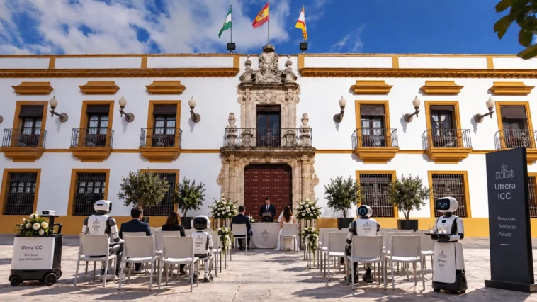 Ceremonia civil con numerosas plazas vacías y robots asistentes ante el antiguo consistorio de Utrera
