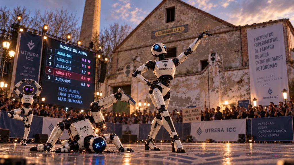 Robots municipales durante un encuentro experimental de farmeo de aura frente a La Fontanilla, en Utrera.