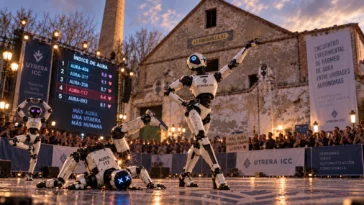 Robots municipales durante un encuentro experimental de farmeo de aura frente a La Fontanilla, en Utrera.
