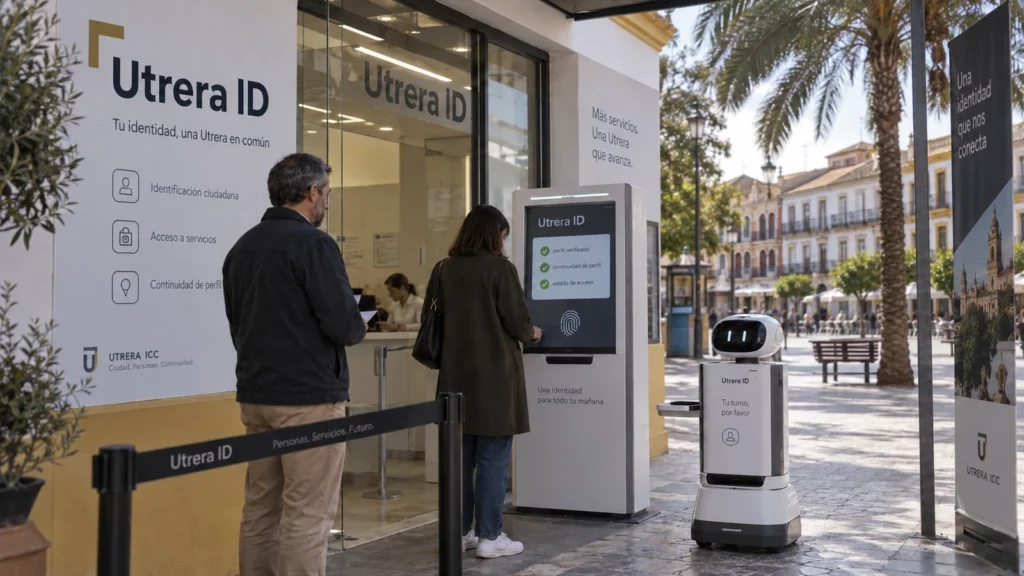 Ciudadanos utilizan Utrera ID en la Plaza del Altozano de Utrera en 2084
