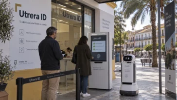 Ciudadanos utilizan Utrera ID en la Plaza del Altozano de Utrera en 2084